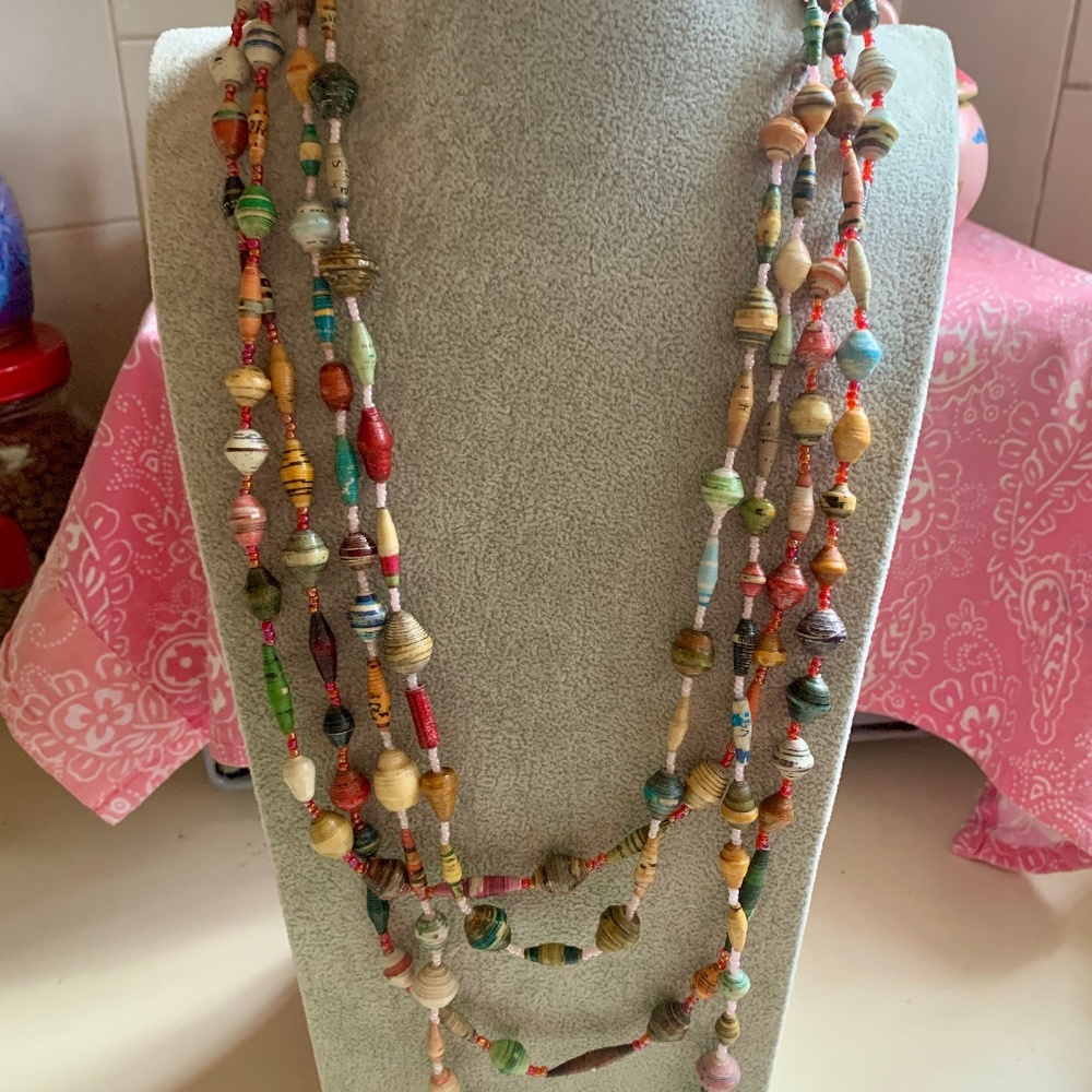 Two Vintage Paper Mâché Long Layering Necklaces